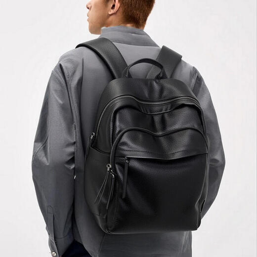 欧伦驰（OULUNCHI）轻奢高端真皮双肩包商务出差旅行男士电脑背包头层牛皮书包 黑色 30*14*42CM