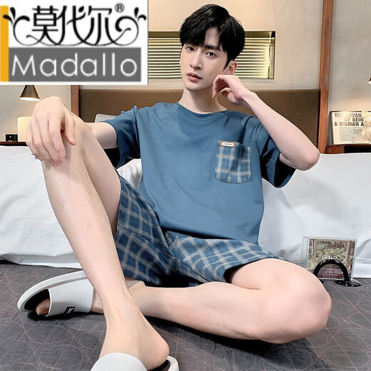 莫代尔睡衣男款夏季短袖短裤夏天薄款棉格子可外穿休闲宽松大码200斤 9928 M