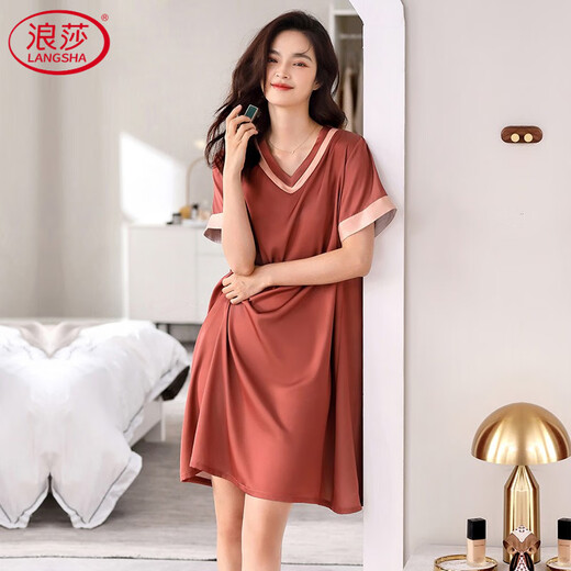 浪莎（LangSha）桑蚕丝睡裙女款睡衣夏季新款高级感短袖性感连衣裙七夕情人节礼物 白橡色 9923 L 165L