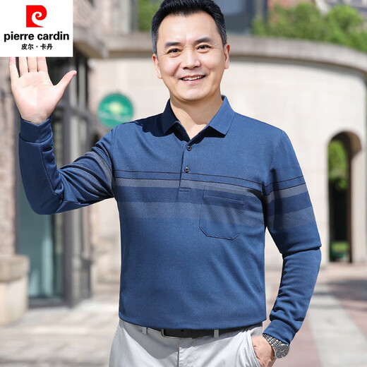 皮尔卡丹（pierre cardin）中老年男士爸爸装5AT恤秋季上衣翻领休闲条纹长袖POLO衫男装 2691浅蓝色 M 建议【100-120斤】高端轻奢抗皱免烫