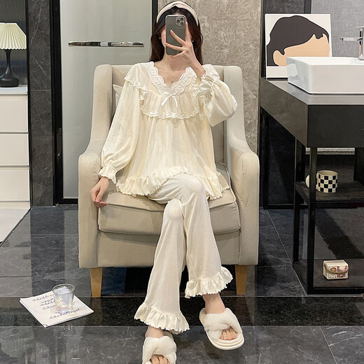 雅鹿蕾丝花边长袖睡衣女新款春秋季纯棉甜美公主风学生休闲家居服套装 KYX-9904#杏色(双长) M