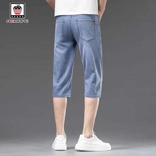 AEMAPE/美国苹果 天丝牛仔裤男2025夏季薄款宽松直筒休闲冰丝七分裤男 757冰灰蓝色 34 【腰围2尺7适合160斤左右】