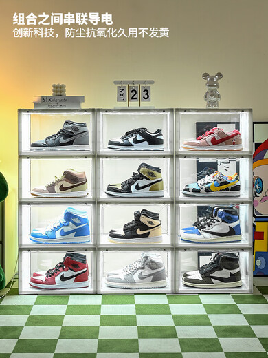 Diaohuang Shoe Box Acrylic Luminous Shoe Box Lighting Sound Controlled Luminous Acrylic Transparent Magnetic Sneaker Storage Box Display Intelligent Voice Control Lighting Shoe Box 4 pieces Adapter included 36x28x22cm