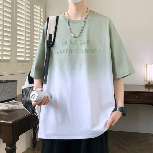 QLTQZQ渐变圆领短袖T恤男孩夏季15岁学生青少大童半袖宽松13潮牌 9201蓝色 L (约80-100斤可穿)