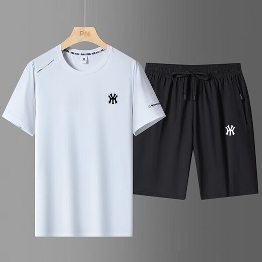 CZCM light luxury brand ice silk suit men's summer sports and casual new large-size round neck T-shirt quick-dry short sleeve shorts long white foot two-piece set 2XL 140-160Jin[Jin equals 0.5 kg]
