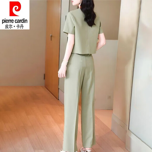 Pierre cardin fashion suit for women in summer 2025 new fashionable slim round neck short sleeve shirt straight trousers two-piece set for women 12608-Black suit 3XL [recommended 140-155Jin [Jin equals 0.5 kg]]