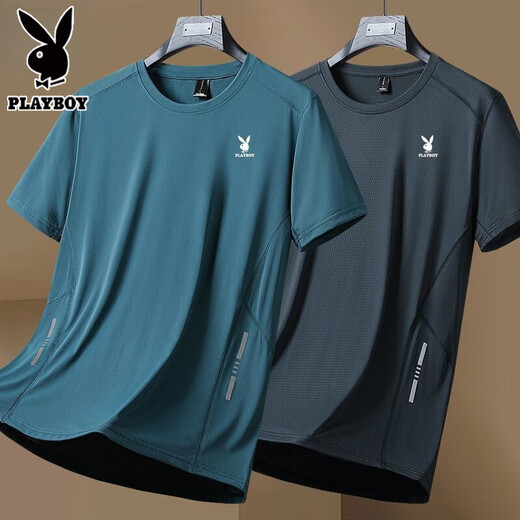 花花公子（PLAYBOY）夏季冰丝速干透气专柜青年运动百搭短袖T恤/2件 舒适亲肤  深灰+黑色冰丝短袖两 XL 建议【115-125斤】