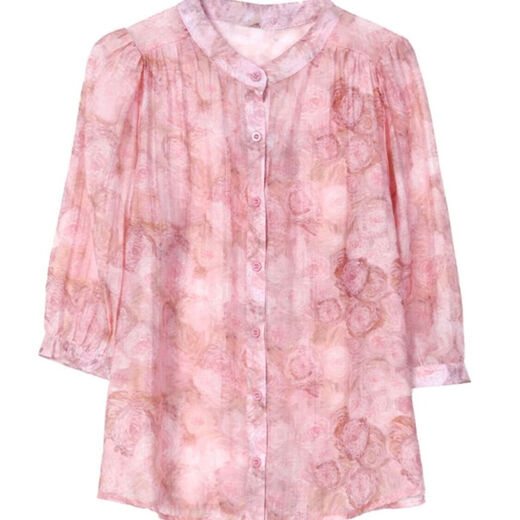 New summer loose belly-covering temperament chiffon shirt for women with three-quarter sleeves shirt floral stand-up collar top for women pink 3XL [recommended 130-140Jin [Jin equals 0.5 kg]]