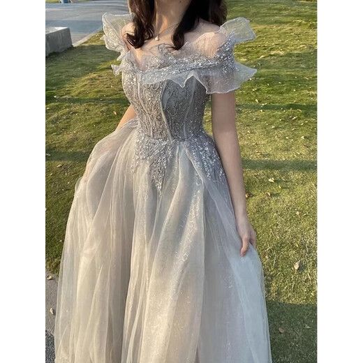 Ayub high-end evening dress women's one-shoulder adult ceremony banquet temperament slimming light luxury niche art test host skirt S