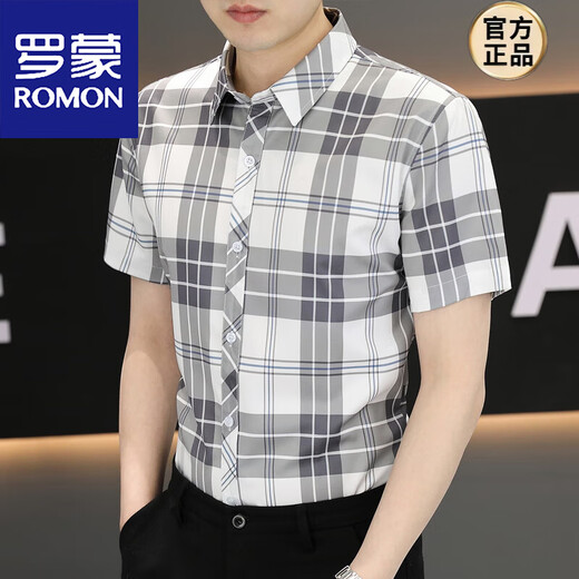 Romon Short à manches à manches masculines 2025 Été Ice Silk Business Casual Anti-Scalding Plaid Plaid Men's Tops Clothing Men's Clothing HST878 Pink M [95-108Jin [Jin est égal à 0,5 kg]]]