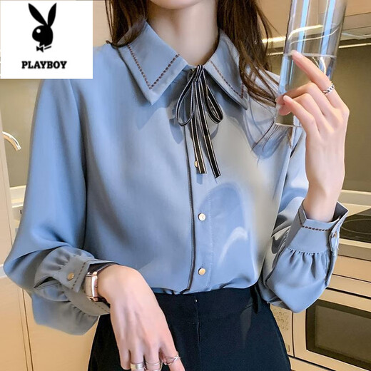 Playboy (PLAYBOY) autumn new chiffon shirt women's top bow tie lapel versatile polo collar shirt long-sleeved bottoming shirt blue XL 125-140Jin Jin equals 0.5 kg