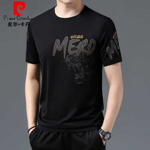 皮尔卡丹（pierre cardin）夏季新款冰丝短袖t恤中青年男士圆领印花潮流薄款休闲上衣体恤衫 白色733 M 165【建议100-120斤】