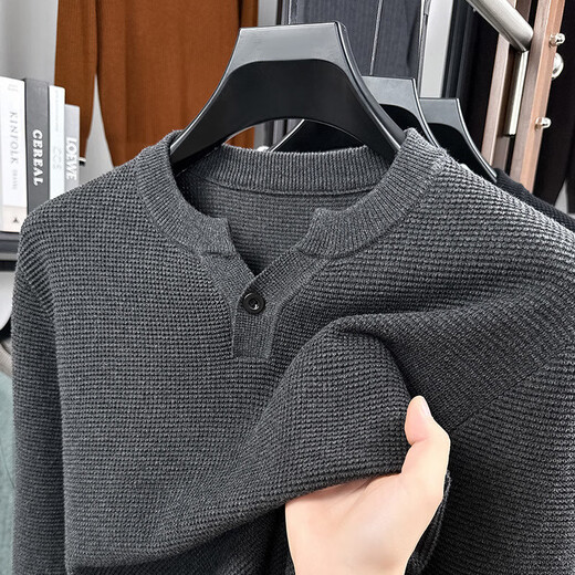 ERDOS Ordos city's new autumn henley collar long-sleeved men's sweater solid color 2025 pineapple pattern texture dark gray M - recommended 100-125Jin Jin equals 0.5 kg