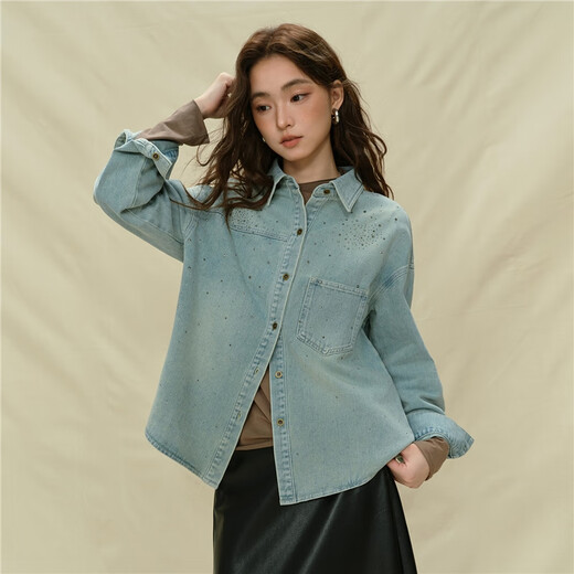 Giordano Designer Women's Retro Style Hot Diamond Pocket Loose Lapel Long Sleeve Denim Shirt 18345830 61 Retro Light Blue L
