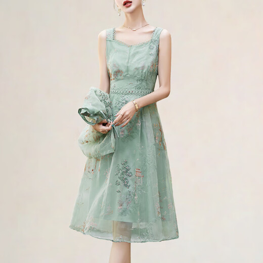 Olj Light Luxury Brand Kleid für Frauen 2025 Sommer neuer Stil neuer chinesischer Stil eleganter Stickerei Altersreduzierender Anzug Rock Grün M.