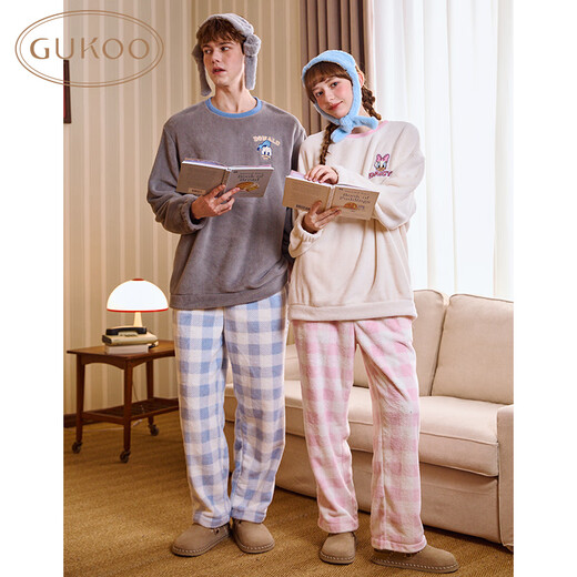 Gukoo Couple Pajamas Winter Disney Series Joint Soft Warm Plaid Pants Women's Home Clothes Set Men's Pajamas D Sky Gray Men's Suit L