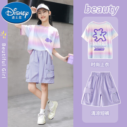 迪士尼（Disney）女童短袖套装夏季薄款儿童2025新款速干运动服童装两件套夏装10岁 9922纯棉白色+18442纯棉紫色 120 cm