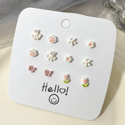 YKINCASL Old Phoenix Cute Animal 9999 Sterling Silver Earrings Anti-fall Student Sweet and Cute Baby Earrings Set Bunny Tulip Set 6 Pairs Lao Fengxiang Same Style