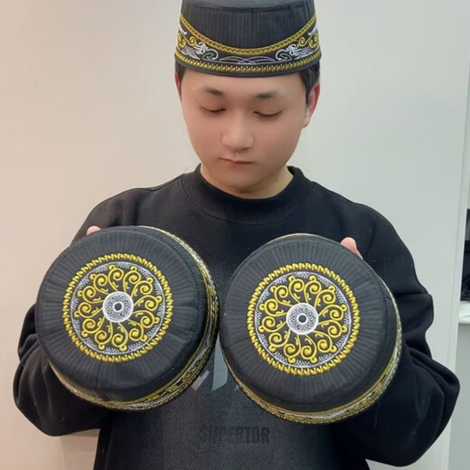 Gisailun Hui Men's Hat Worshiping Men's Boutique Embroidered Ethnic Minority Xinjiang Hat Flat Top Embroidered Centimeter Brown Color 58