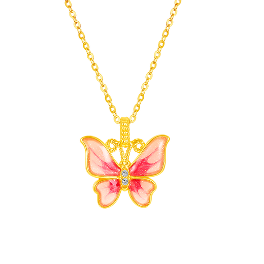 Mingzuan International 18K gold pendant for women au750 painted pink butterfly neck pendant temperament clavicle chain birthday gift for girlfriend