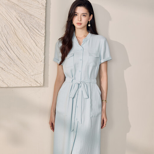 ROEYSHOUSE罗衣时尚浅蓝色衬衫连衣裙女2025夏季新款休闲亚麻大摆裙子12243 浅蓝色 XL