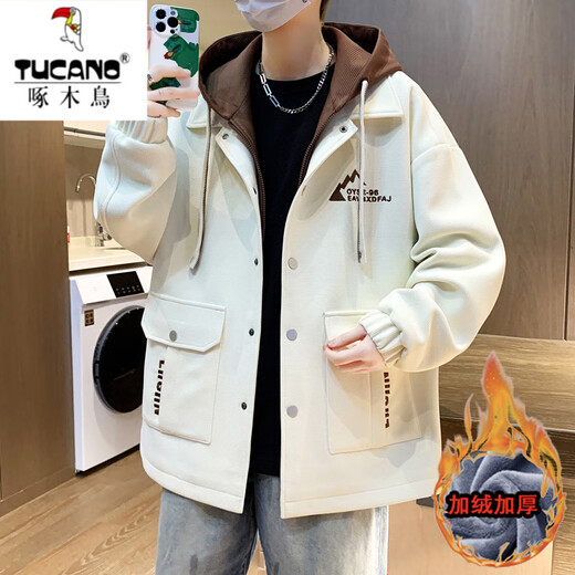 Woodpecker (Tucano) Jacke für Herrenherbst- und Winter und Samt verdickte Baumwolljacke Trendy Teenager High School Hutome Herrenjacke Baumwolljacke 687 Beige Frühlings- und Herbststil 4xl können 160-180jin tragen [Jin gleich 0,5 kg]