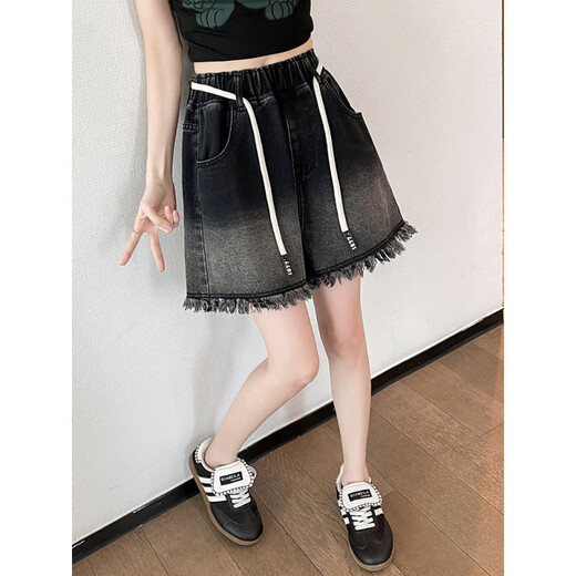 鹤屿胖mm大码黑色渐变毛边牛仔短裤女a字阔腿宽松紧高腰学生加肥200斤 【6623：黑色  渐变高腰短裤】 M 【 建议100斤以下】