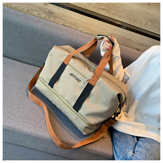 Xin Fangshuai large-capacity short-distance travel bag luggage bag portable sports fitness bag clothing storage bag can be worn cross-body trolley case khaki fitness travel bag