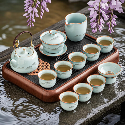 Porcelain brand tea set, official kiln ink and wash Guanshan tea set, complete set of high-end ceramic Kung Fu tea set, open piece can be used to grow teapot and bowl, ink and wash Guanshan lifting beam teapot and bowl, 8 cups, 13 pieces + tea tray