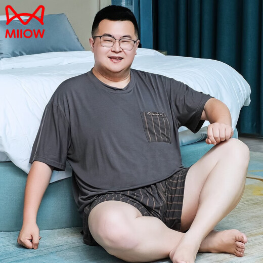 猫人（MiiOW）夏季睡衣男大码莫代尔短袖薄款宽松圆领休闲加肥加大家居服300斤 MDR723深灰条纹 3XL [建议180-220斤]