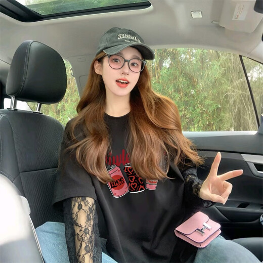 酷章（KUZHANG）网红炸街涂鸦宽松假两件纯棉t恤女2025蕾丝拼接显瘦防晒上衣 af7029 白色 M 建议110斤内