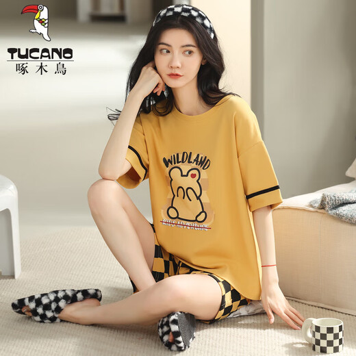 啄木鸟（TUCANO）夏季女士短袖全棉格子睡衣套装夏天纯韩版家居服可外穿卡通 Y9848 M (建议75-95斤)
