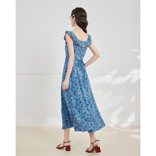 
IEF/Aiyifu skirt 2025 summer new French tea break romantic lady vacation style vest long skirt blue flower S