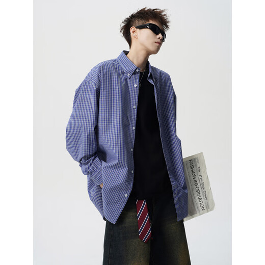 OEMG high-end blue plaid long-sleeved shirt for men in summer and autumn American lapel trendy brand casual loose jacket blue XL recommended 110-130Jin Jin equals 0.5 kg