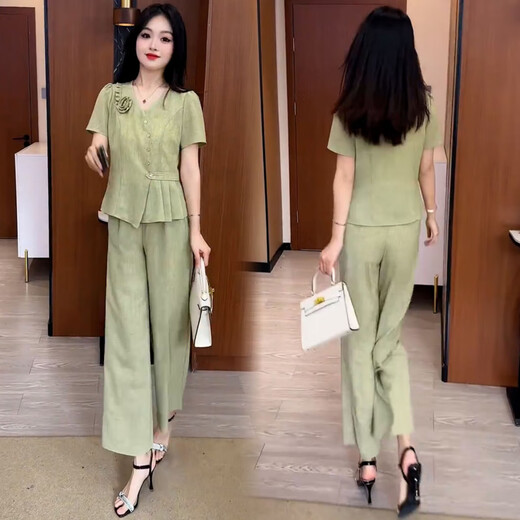 忻依美时尚气质套装女2025新款夏季时髦洋气显瘦V领短袖阔腿裤两件套 浅绿色 M 【85-100斤】