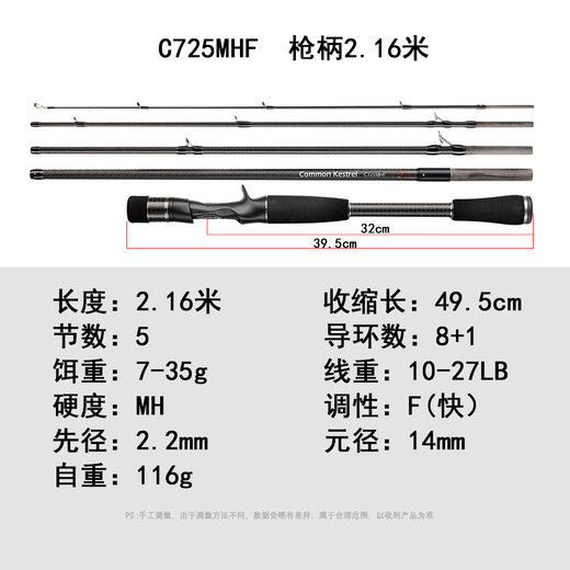 DMX黑化版黑隼5节便携路亚竿短节鱼竿旅行竿Fuji全A环 2.16m 枪柄725MH（5-35g） 黑化版黑隼5节 快(F)