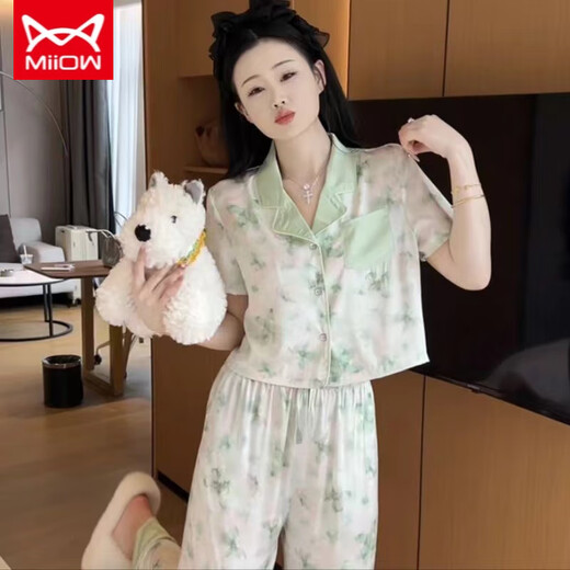 猫人 MIIOW超仙小香风睡衣女夏季短袖长裤冰丝薄款感可外穿春秋季家居服 694 蝴蝶水墨画 短袖长裤 M ( 建议 80-98斤)