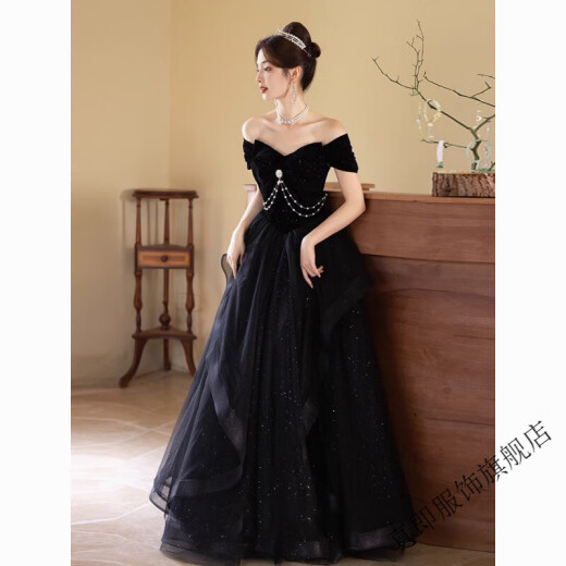 True black evening dress 2025 new light luxury niche high-end banquet annual meeting host feels elegant temperament Black XS