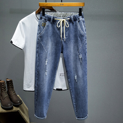 
Zhidoudou summer thin casual high elastic large size ripped nine-point pants for men fat man elastic waist Harlen small foot cow blue ZX9923 high elastic trousers regular model M