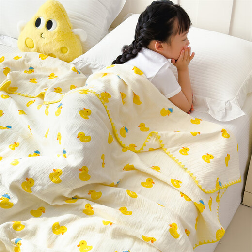Pick-up cat gauze blanket double-layer gauze children's kindergarten air-conditioning blanket baby baby blanket nap single towel cotton wrinkled gauze-Yuanqi Duck 180cm200cm-double blanket one blanket multi-purpose