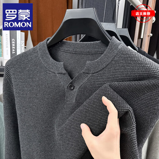 ROMON Henley collar knitted cotton long-sleeved T-shirt for men, spring and autumn casual, light and mature, simple solid color slim fit bottoming shirt top, dark gray - high-end brand M recommended 100-120Jin Jin equals 0.5 kg