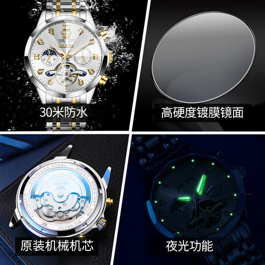欧利时 （OLEVS）瑞士认证十大品牌手表男士全自动机械表男表夜光防水镂空男士手表 OLS6621钢带间白 免费刻字