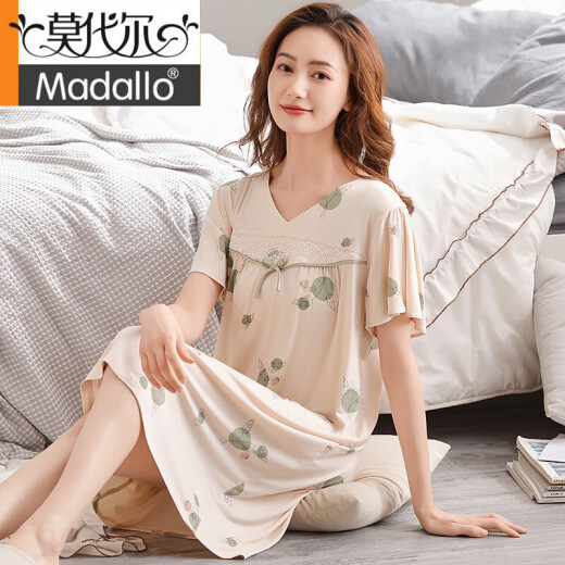 莫代尔大码睡裙女夏季薄款短袖中年妈妈睡衣夏天V领长款居家裙子 Q3527 M