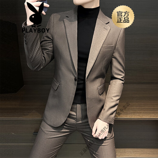Playboy (Playboy) Suit rayé Men 2025 Nouveau costume formel professionnel slim d'été, beau costume décontracté, costume marron + pantalon + pull noir, match de match M. [suggéré 110jin [Jin est égal à 0,5 kg]]]