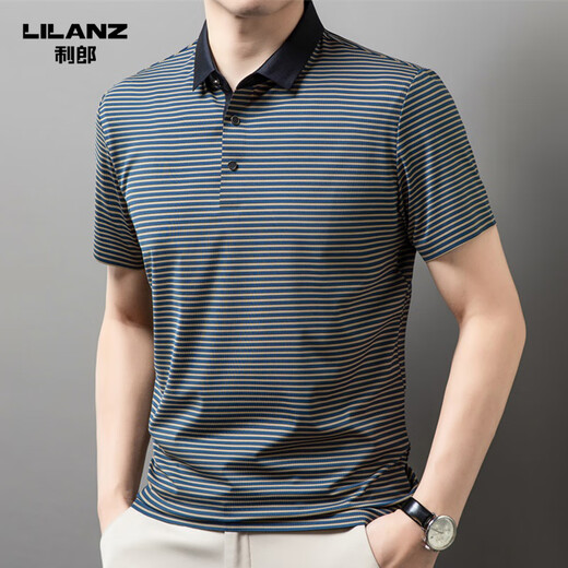 
Lilang light luxury men's lapel short-sleeved T-shirt in summer striped young and middle-aged business casual POLO shirt ice silk breathable top Navy blue 13691 S 165