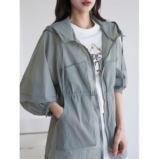 
TOUCH MISS long-sleeved thin coat for women 2025 summer new loose lazy style drawstring waist hooded top for women green L