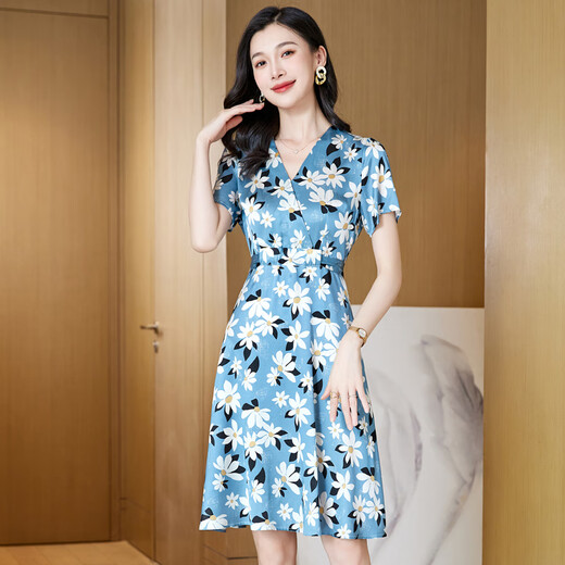 Ehangy国际高端轻奢连衣裙女装夏季2025新款收腰显瘦印花舒适桑蚕丝裙子 粉红色【高端礼盒】 L