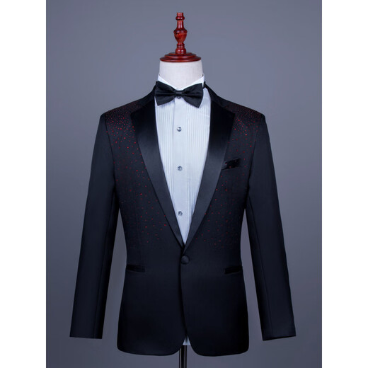 Kuosheng Men's Group Chorus Hot Loose Diamond Black and White Suit Stage Performance Singer Host Anchor Dress Performance Emcee Suit Black White Diamond-Coat + Bow Tie 3XL