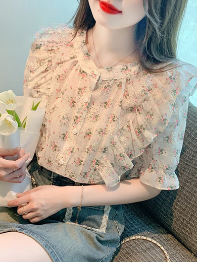 拉夏贝尔（La Chapelle）法式碎花雪纺上衣女士短袖衬衫夏季洋气减龄小衫2025新款气质衬衣 花色 L[105-115斤] 均码