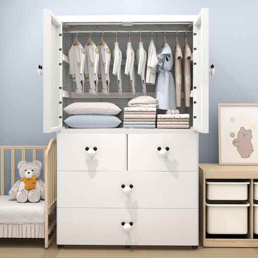 [4877 Volkssammlung] Extra große, verdickte Babygarderobe Baby -Aufbewahrungsschrank Einfacher Kindergarderobekiste mit Schränken 80 cm Tulip Kaninchen Doppeltüren [Kleidung + Partition 1